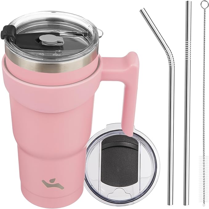 Konokyo 20 oz Tumbler with Handle and Straw, Insulated Travel Mug | Light Pink; by Konokyo