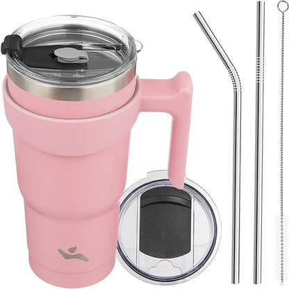 Konokyo 20 oz Tumbler with Handle and Straw, Insulated Travel Mug | Light Pink; by Konokyo