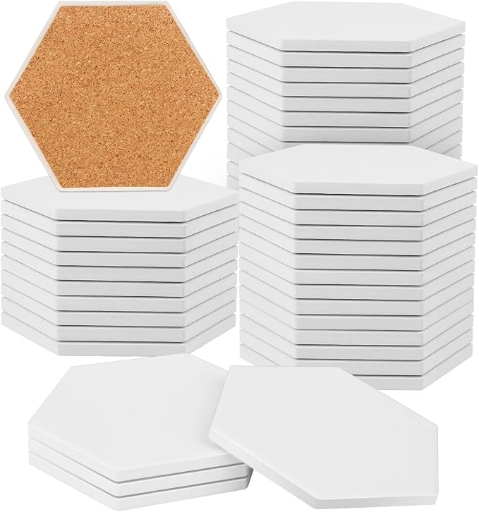 50 Pieces 3.75 Inch Hexagon Blank Ceramic Coasters, Unglazed Ceramic Tiles by GNIEMCKIN