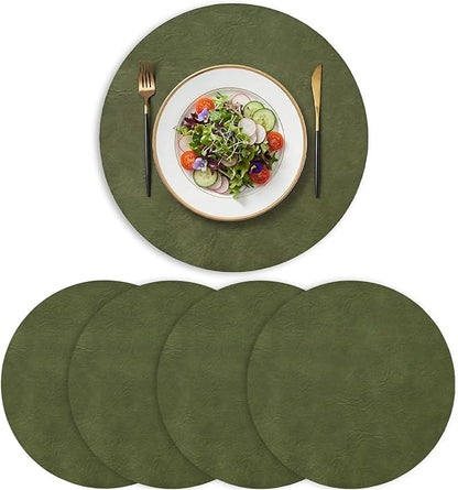 Artoid Mode Olive Green Faux Leather Placemats Set of 4, 15 Inch Waterproof Wipeable Heat Resistant Vinyl Place Mats, Reversible Table Mats for Kitchen Dining Decor