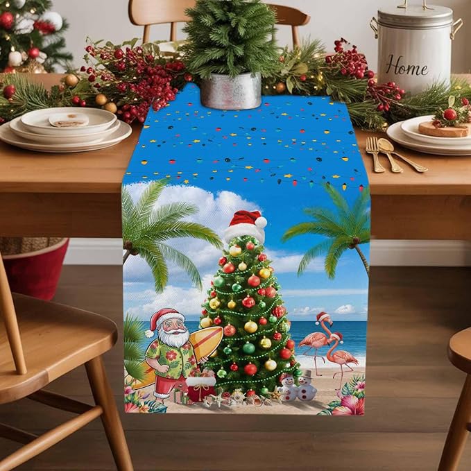 Coastal Christmas Table Runner 36 Inches Long, Xmas Tree Santa Beach Table - Image 2