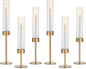Glasseam Tapered Gold Candlestick Holders: 6 Pcs Tall Brass Taper Candle Holder with Ribbed Glass Cylinder - Hurricane Fluted Candle Holders for Table Centerpiece Wedding Party Christmas Decorations