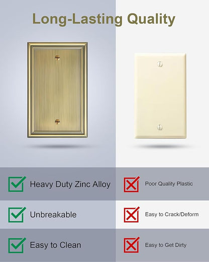 2-Pack Single Blank Wall Plates, Durable Solid Zinc Alloy Blank Outlet Covers, Decorative Antique Brass Wall Plate Cover for Unused Outlets/Switches, Corrosion Resistant