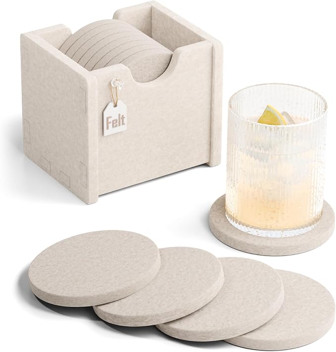 Fluxynara Felt Coasters with Holder, Oatmeal | Round Felt Coasters, by FLUXYNARA