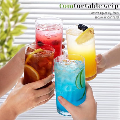 Drinking Water Glass Cups Set, Crystal Clear ribbed Glass set of 8, 17oz&12oz | - Image 7