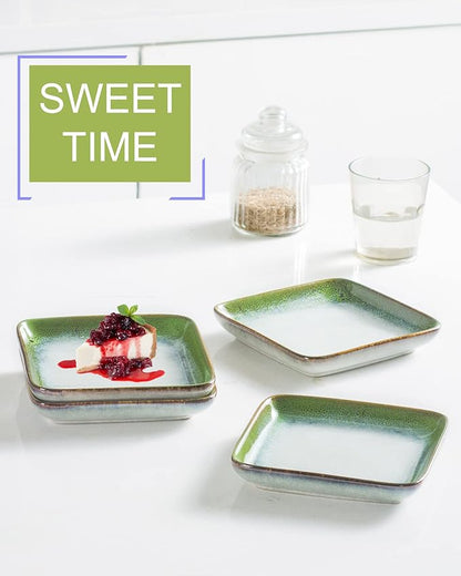 HENXFEN LEAD Small Square Ceramic Plates 6.3 Inch – Dessert, Appetizer & Snack Plates Microwave & Dishwasher Safe – Set of 4, Reactive Glaze Green