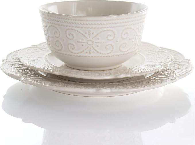 Elama Round Decorated Stoneware Scallop Embossed Dinnerware Dish Set, 16 Piece - Image 2