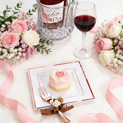 WDF 86pcs Rose Gold Dessert Plates 6" with 86 Pieces Disposable Forks 5", Elegant Square Appetizer Small Plastic Plates for Mother's Day, Wedding