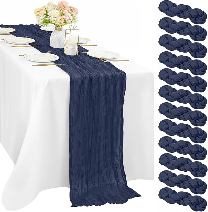 12 Pieces Navy Blue Cheesecloth Table Runners 10FT Gauze Fabric Runner by Sunnyline