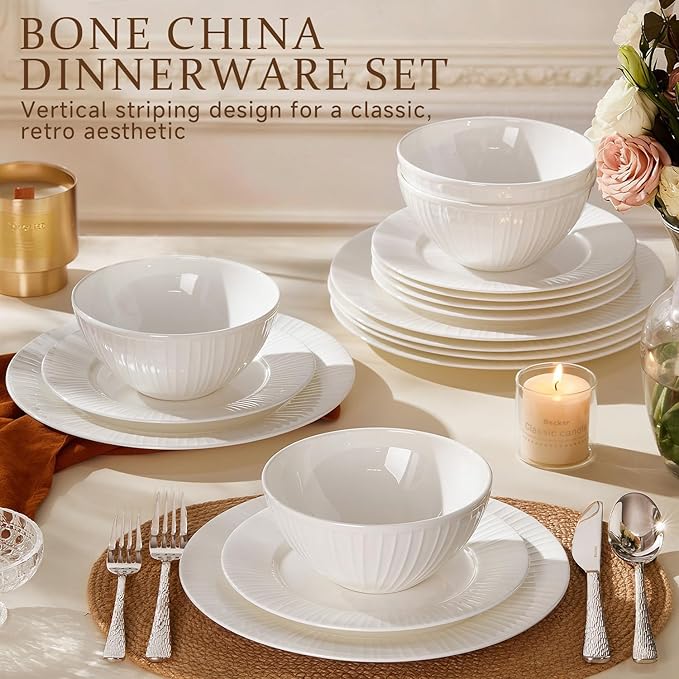 24Pc Textured White Bone China Set Service - Image 4