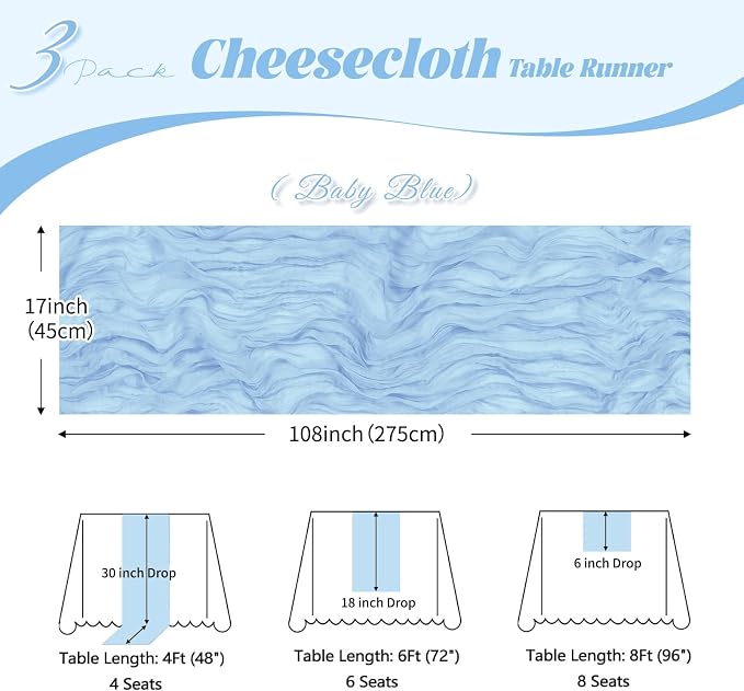 3 Pack Baby Blue Cheesecloth Table Runner, 17 x 108 inch, Semi Sheer Boho - Image 3