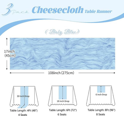 3 Pack Baby Blue Cheesecloth Table Runner, 17 x 108 inch, Semi Sheer Boho - Image 3