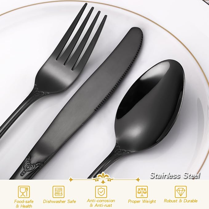 48 Pcs Gorgeous Retro Royal Black Silverware Set - Image 3