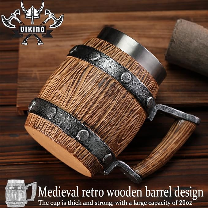 Nordic Viking Mug, pirate Beer Cup, Wooden Barrel Beer Mug Stainless Steel Liner - Image 3