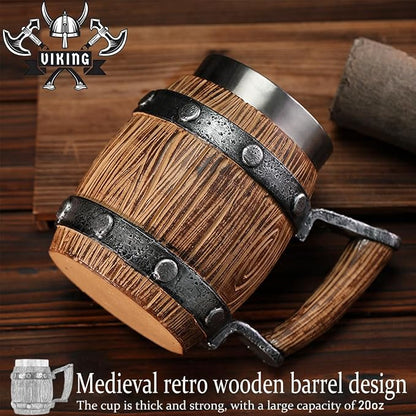 Nordic Viking Mug, pirate Beer Cup, Wooden Barrel Beer Mug Stainless Steel Liner - Image 3
