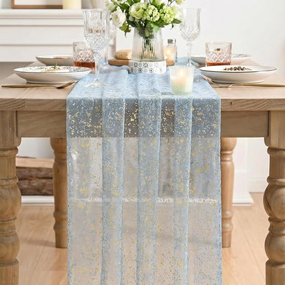 Artoid Mode Gold Gauze Light Blue Table Runner 120 Inch 10FT, Glitter Metallic Foil Sheer Dining Wedding Anniversary Holiday Birthday Table Decor for Home Party