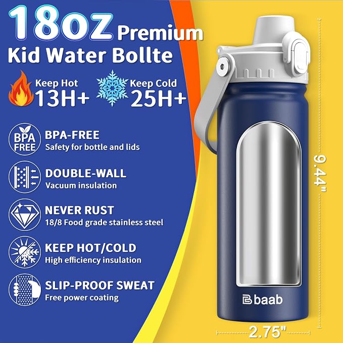 baab 18oz Kids Insulated Water Bottle 18/8 Stainless Steel Kids Cup 1 Pack | - Image 2