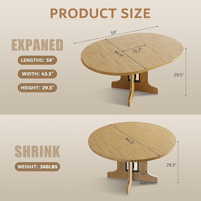 iPormis 59" Round Extendable Dining Table for 4-6, Modern Kitchen Table with Heavy Duty Pedestal Base & Wooden Top, Oval Dining Room Table for Dining Living Room, Easy Assembly, Oak