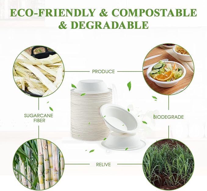 Vplus 200 Pack 12 OZ Compostable Paper Bowls, Bagasse Bowls，White | Disposable - Image 5