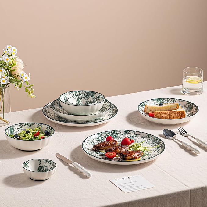 Ceramic Dinnerware Set, Floral Plates and Bowls Sets, Microwave & Dishwasher - Image 9