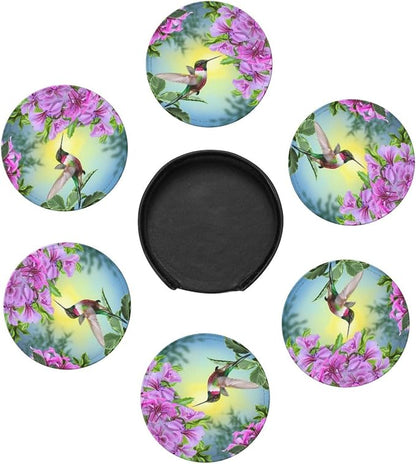 6 Pcs Hummingbirds and Brilliant Flowers Nature Landscape Leather Coasters - Image 7