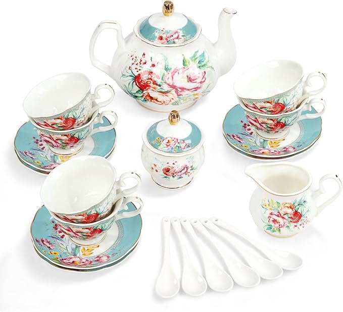 fanquare 21-Piece Green and Floral Porcelain Tea Set, Vintage Ceramic Tea Cup by fanquare