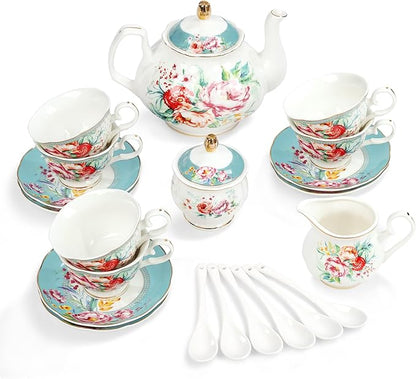 fanquare 21-Piece Green and Floral Porcelain Tea Set, Vintage Ceramic Tea Cup by fanquare