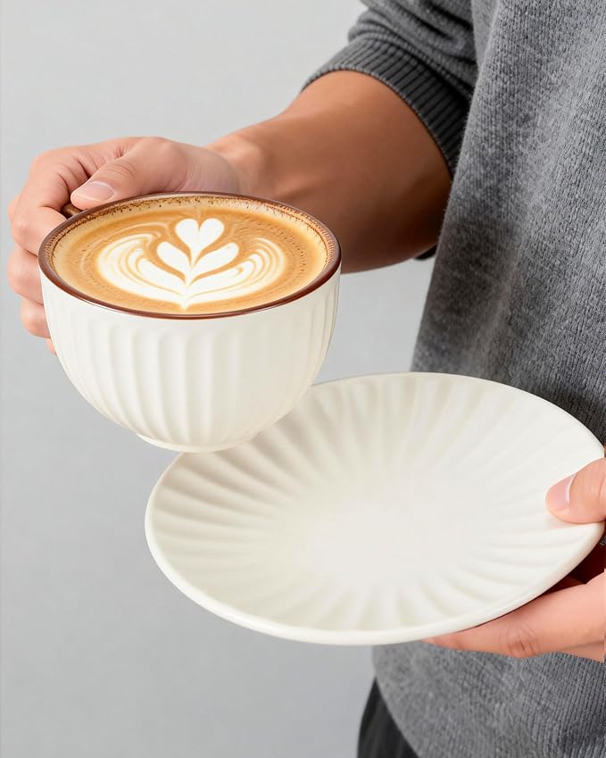 11.5oz Ceramic Cappuccino Cup and Saucer Set, Large Coffee Cup by bwszrosamatchawhiskset