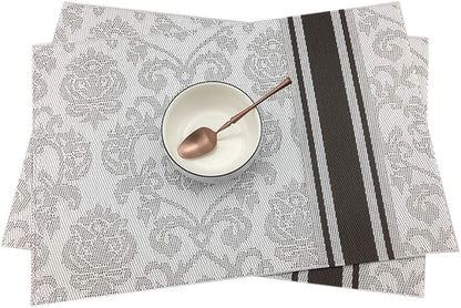 Gugrida Silver Placemats Dining Table, Heat-Resistant Placemats Stain Resistant Anti-Skid Washable PVC Table Mats Woven Vinyl Placemat, Set of 6