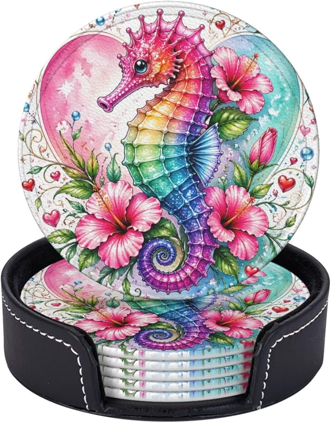 Romantic Heart Seahorse Art Leather Coasters Set of 6 by NeuKim