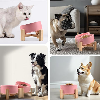 SPUNKYJUNKY 15° Slanted Ceramic Dog and Cat Bowl with Wooden Stand, Tilted Bulldog Food and Water Bowl No Slip Non-Spill for Cats Medium Dogs Big Face Pets 28.7 OZ (3.6 Cups, Pink × 2)