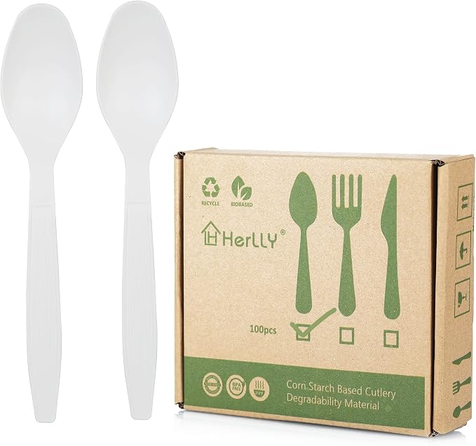 Compostable Spoon, 100 Biodegradable Silverware by HERLLY