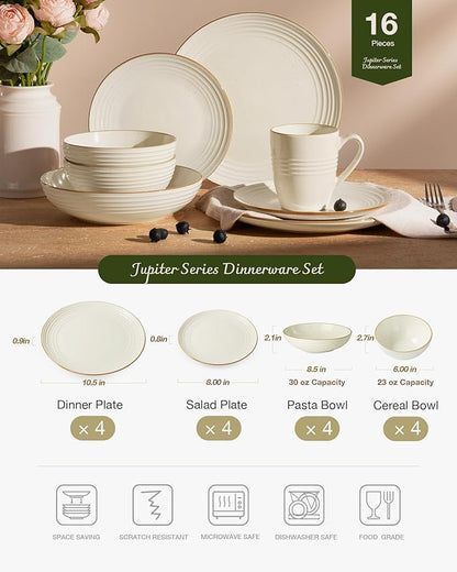 Famiware Jupiter Dinnerware Set with Pasta Bowl, Plates and Double Bowls Dish Sets for 4 (16 Pieces), Microwave and Dishwasher Safe Stoneware Tableware, Chip and Scratch Resistant, Vanilla White