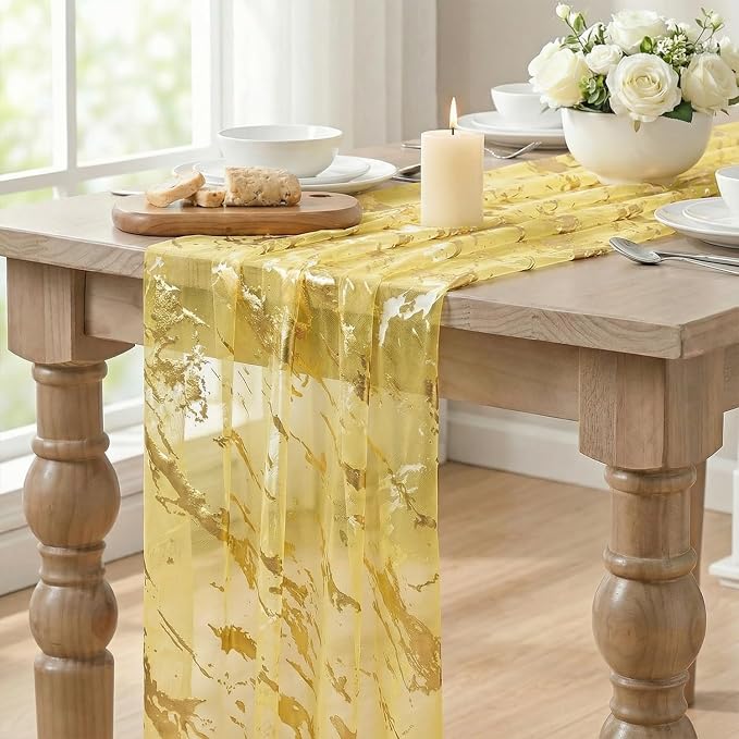 Artoid Mode Marble Pattern Yellow Gauze Table Runner 10FT, Glitter Metallic - Image 5