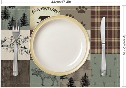 Rustic Bear Deer Placemats Wildlife Moose Forest Animal Cabin Lodge Heat-Resistant Linen Table Place Mats for Dining Kitchen Country Camp Style Farmhouse Decor 12x18 in 6 PCS, Countryside-6