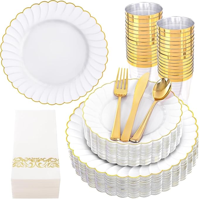 YOUBET 175PCS White and Gold Scalloped Plastic Plates by YOUBET