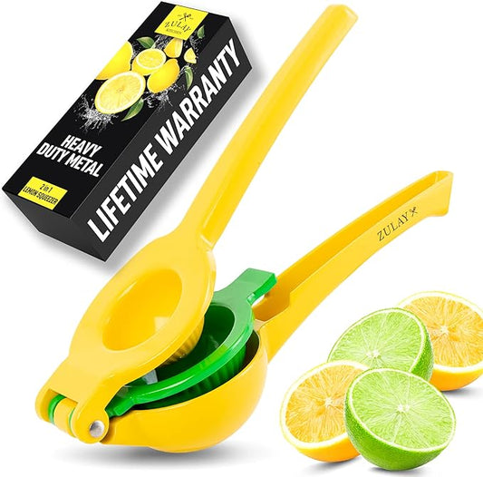 Zulay Kitchen Metal 2-in-1 Lemon Squeezer - Sturdy Max Extraction Hand Juicer Lemon Squeezer Gets Every Last Drop - Easy to Clean Manual Citrus Juicer - Easy-Use Lemon Juicer Squeezer - Yellow/Green