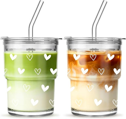 INSETLAN 13 oz Heart Decal Glass Tumblers Set of 2, Thick Wall Glass Cups by INSETLAN