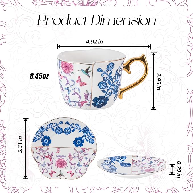 KAMMAK Tea Cups and Saucers Set of 2, 8 oz Porcelain Coffee Cups, YX018 | - Image 2