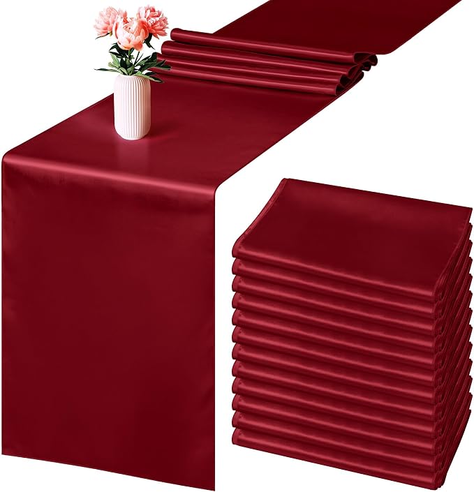 Aneco 12 Pack Satin Table Runner 12 x 108 Inch Burgundy Long Wedding Satin Silk by Aneco