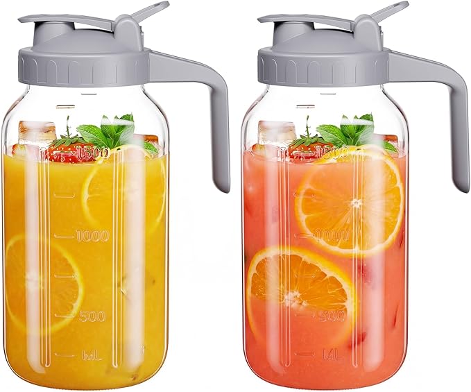 Glass Pitcher with lid, 64 oz Wide Mouth Mason Jar | Dual leak-proof lid by Junvpic