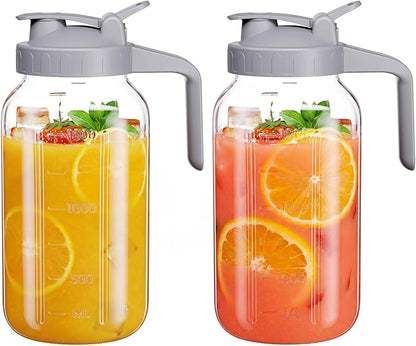 Glass Pitcher with lid, 64 oz Wide Mouth Mason Jar | Dual leak-proof lid by Junvpic