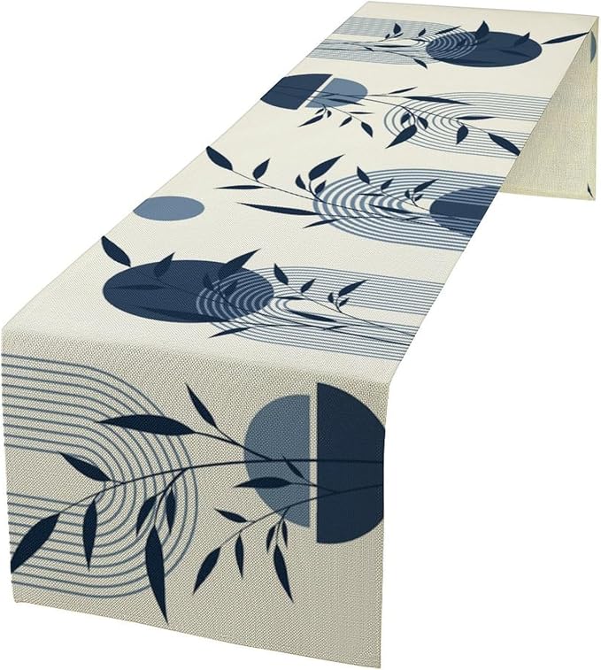 Abstract Boho Table Runner Mid Century Creative Blue Leaves Sun Geometric Arch by moderw
