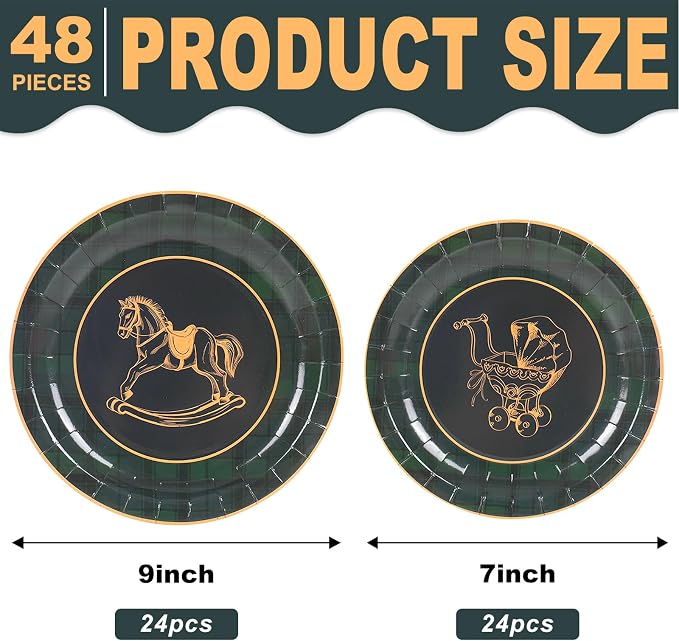 Whaline 48Pcs Baby Shower Paper Plates, Tartan Plaid, Rocking Horse, Gender - Image 2