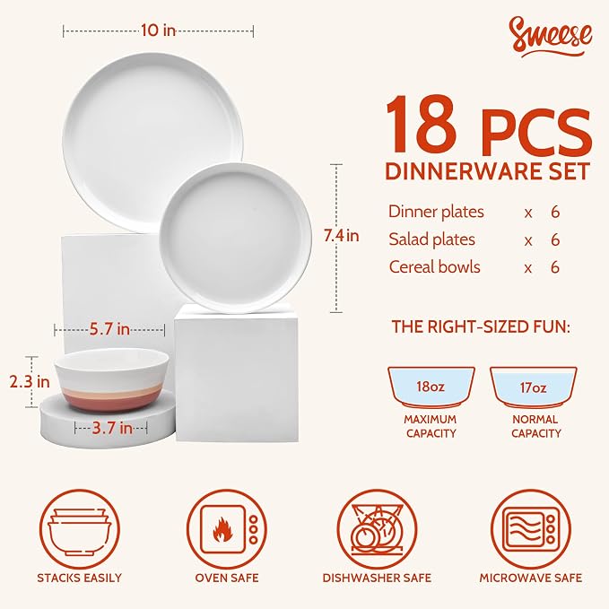 Sweese Plates and Bowls Sets, 18 Pieces Modern Porcelain Dinnerware Set - Image 2