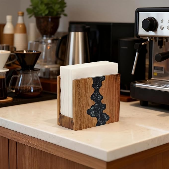 Artistic Napkin Holder, Acacia Wood and Blue Epoxy Resin - Image 4