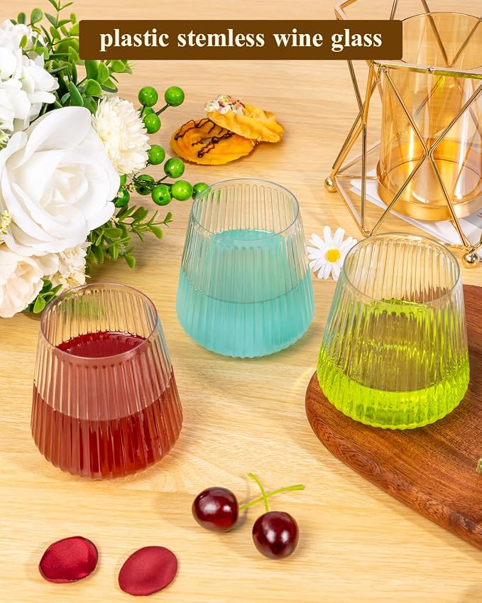 Goodluck 36 Pack 12oz Stemless Plastic Wine Glasses – Clear Ribbed Cups | - Image 4