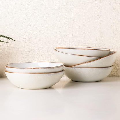 AmorArc Ceramic Cereal Bowls Set of 6, 24 oz Handmade Stoneware Bowls Set for Cereal Soup Salad Bread, Stylish Kitchen Bowls for Meal, Dishwasher & Microwave Safe, Reactive-Pearl White