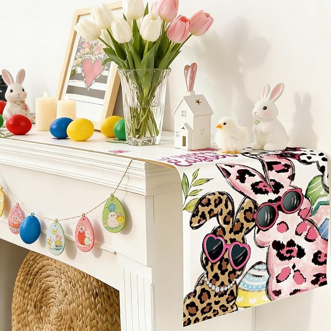 Happy Easter Bunny Table Runner, Egg Burlap Table Runners, Spring Leopard Print - Image 8
