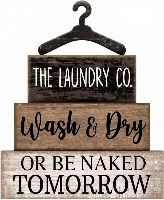 Moucuny 4 Pcs Farmhouse Laundry Room Decor and Accessories Stacked Blocks Wash by Moucuny